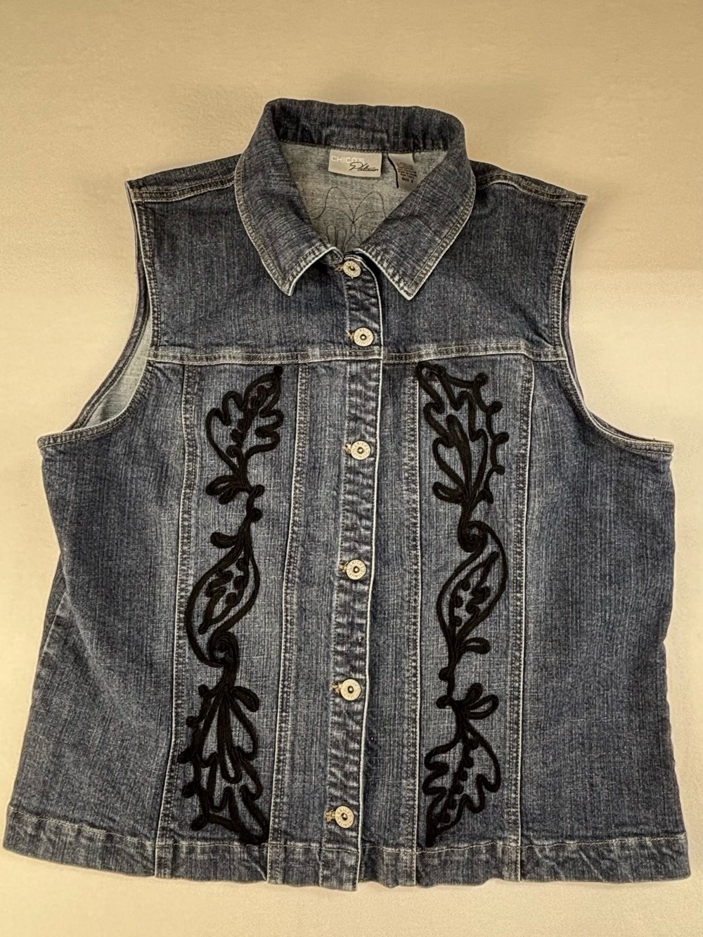Chicos Platinum size 3 Jean Vest with embroidery in great condition.